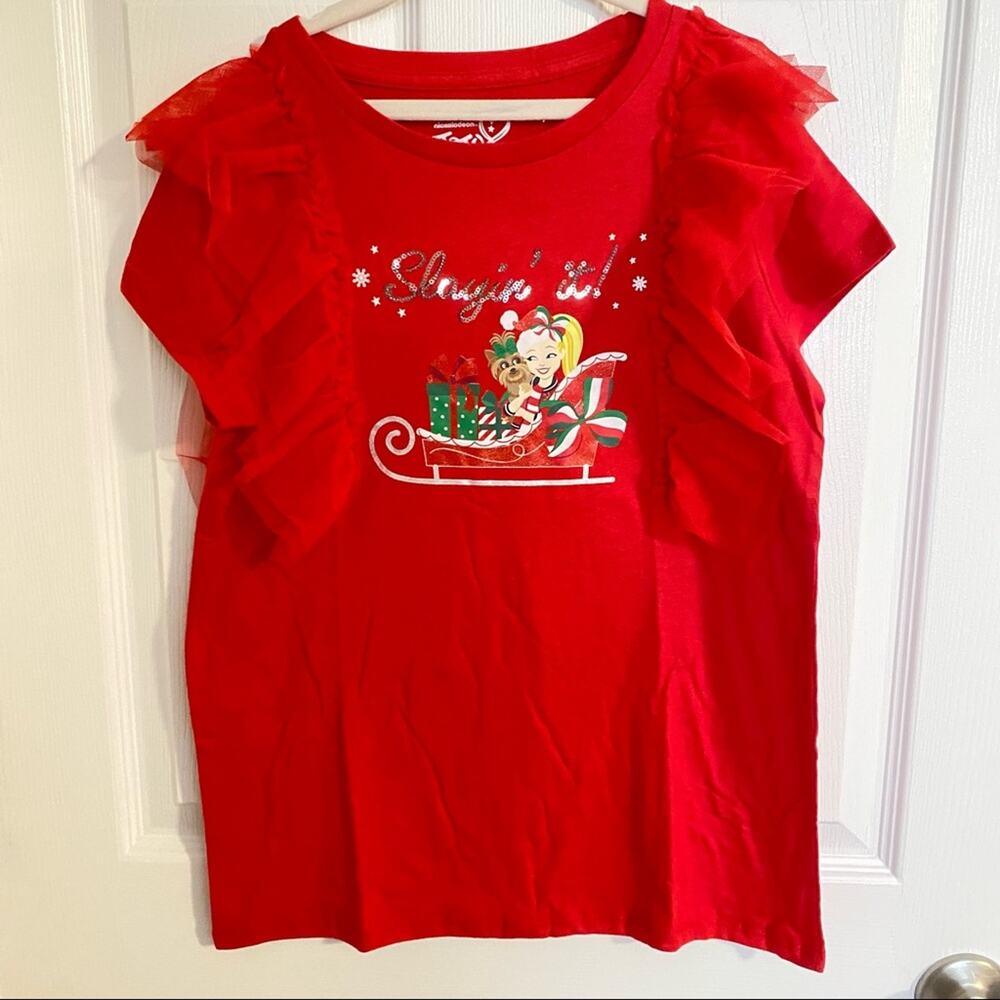Jojo Siwa Kids Christmas shirt Santa sleigh sequins ruffles XXL 18-20 NWT